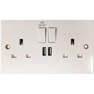 Square Edged Double Switched Socket with 2 x USB Ports White